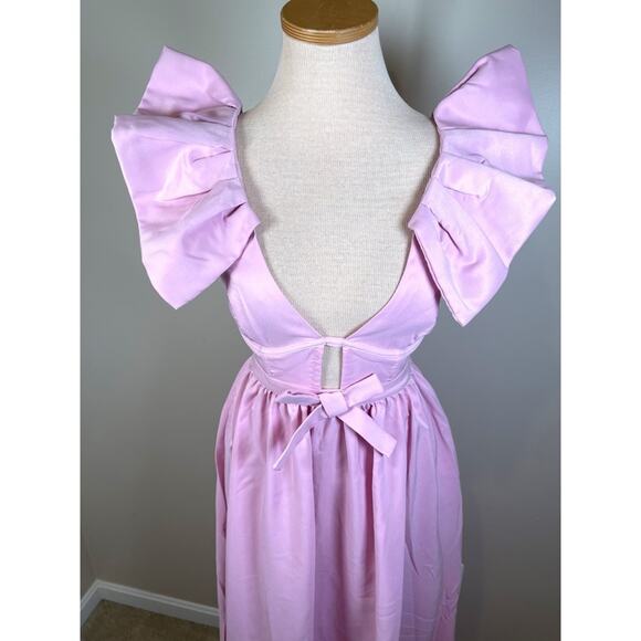 For Love & Lemons Miriam Ruffle Sleeve Bow Detail Pink Maxi Dress Sz Small - Picture 10 of 15